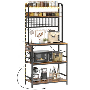 Kitchen Baker's Rack with Power Outlet and LED Light, 5-Tier Coffee Bar Station with 10 Hooks, Grey – view 8