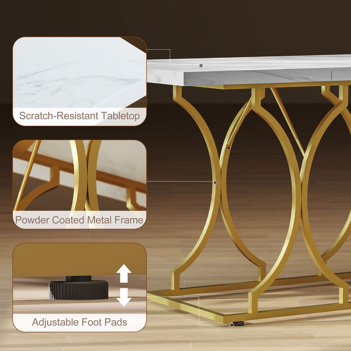 59-Inch Dining Table for 6, Modern Marble-Pattern Kitchen Dinner Table with Metal Pedestal for Home, Dining Room, White
