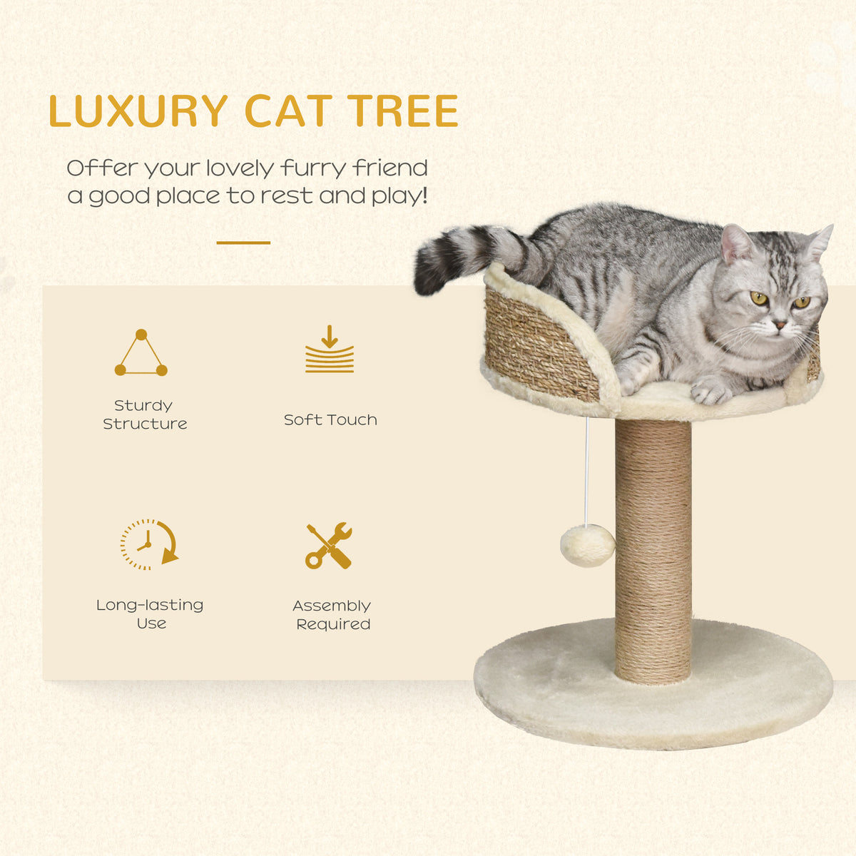 Cat Tree with Scratching Post, Toy Ball, Perch, Small Cat Tower for Indoor Cats - 16" x 16" x 19", Beige – view 3