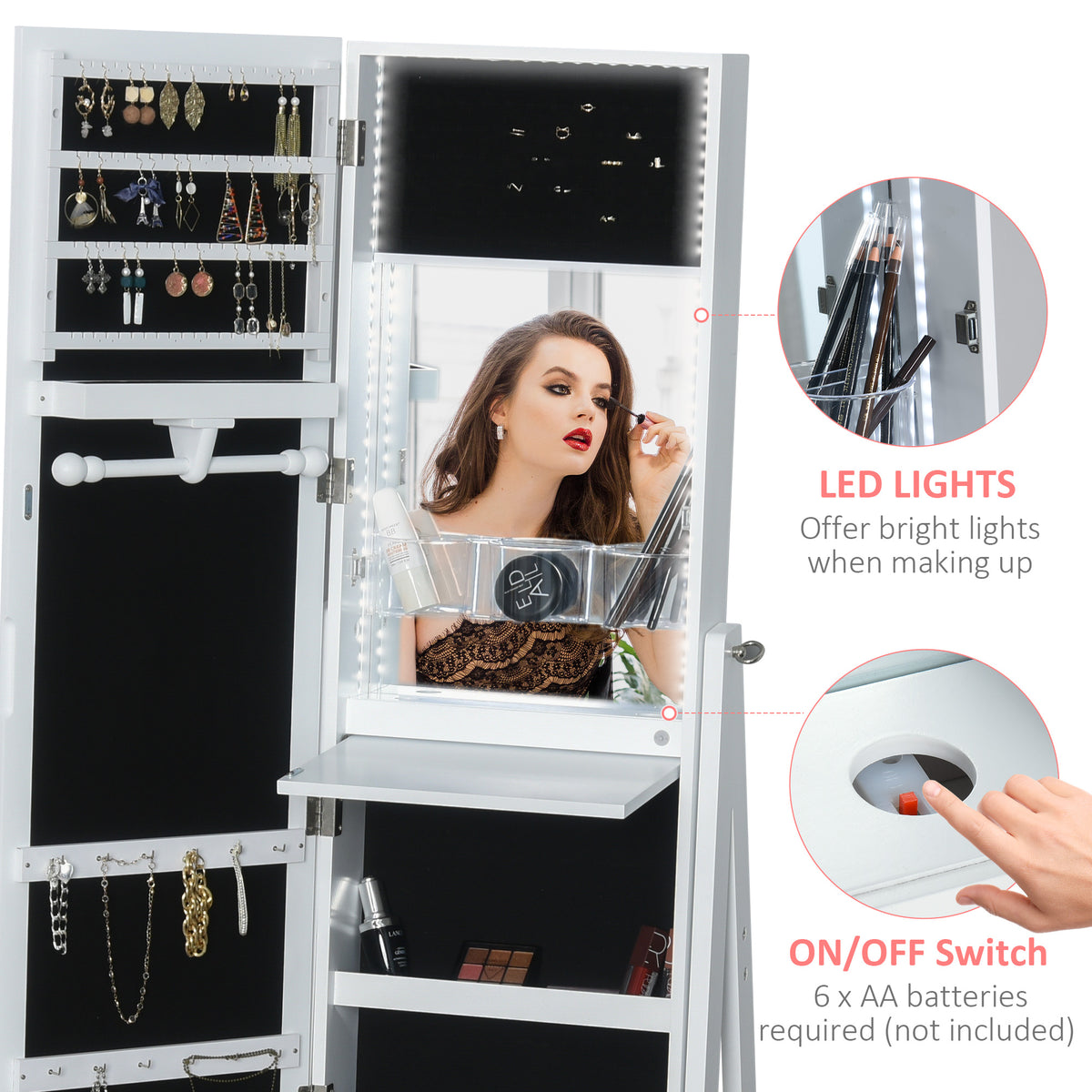 Jewellery Cabinet with Full-Length Mirror, Standing Jewelry Armoire with LED Light, White
