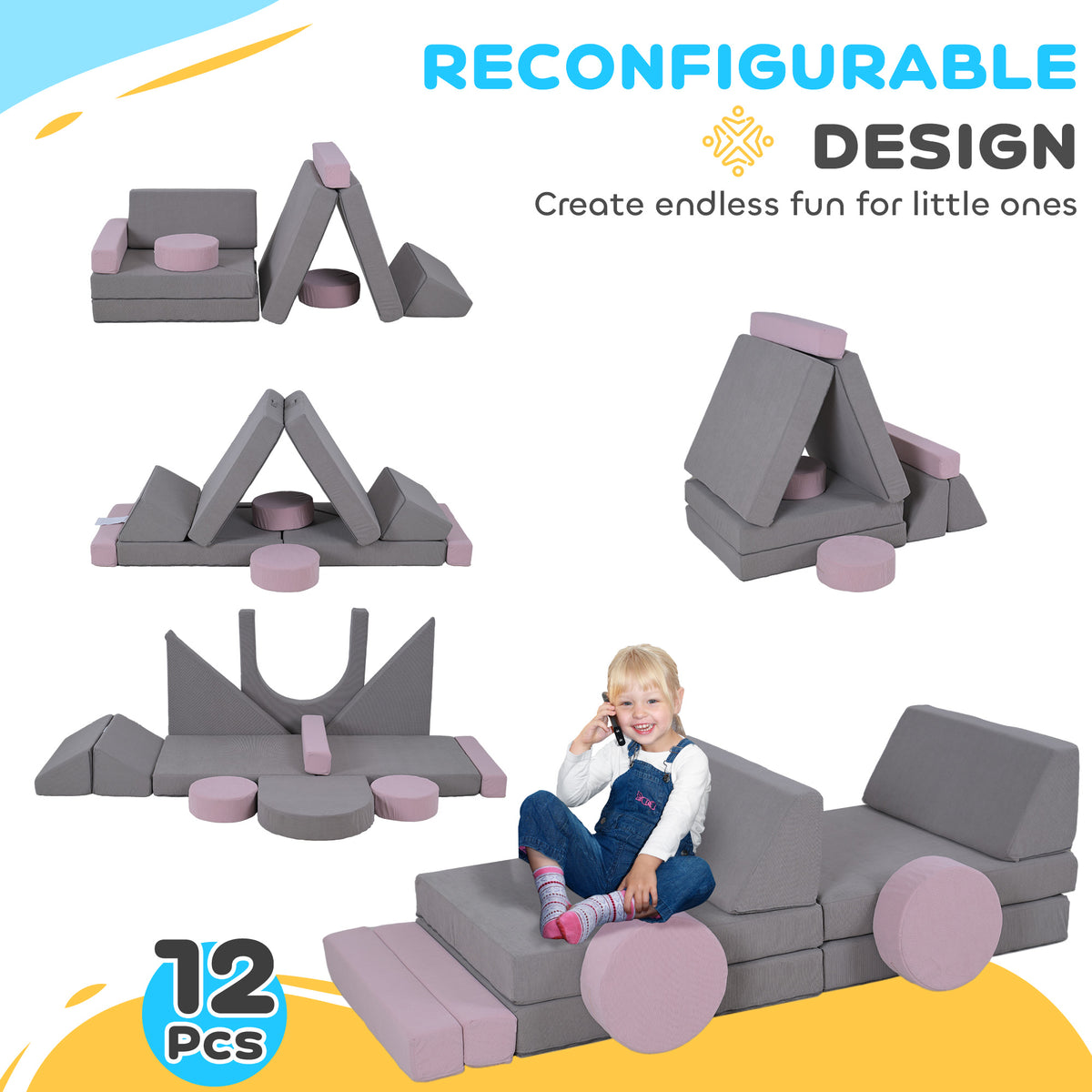 Qaba 12-Piece Modular Kids Play Couch Building Fort for Playroom Bedroom, Convertible Kids Sofa