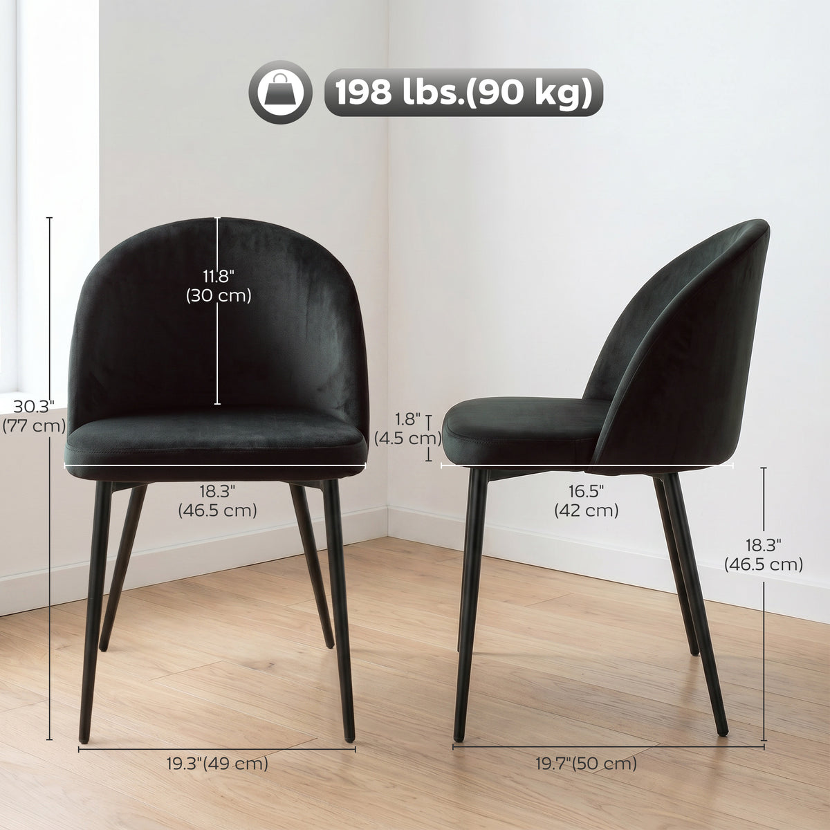 Set of 2 Mid-Back Dining Chair, Mid-Back Velvet-touch Upholstery Kitchen Chair for Living Room Dining Room, Black