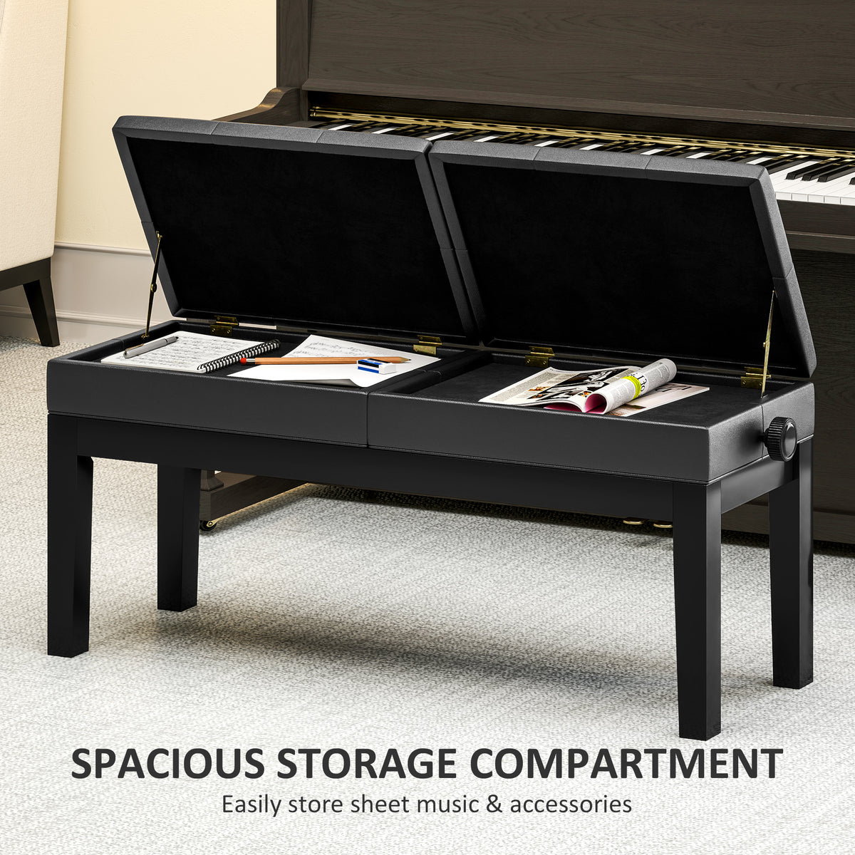 Piano Bench with Storage, Height Adjustable Piano Stool, PU Leather Tufted Keyboard Seat, Black