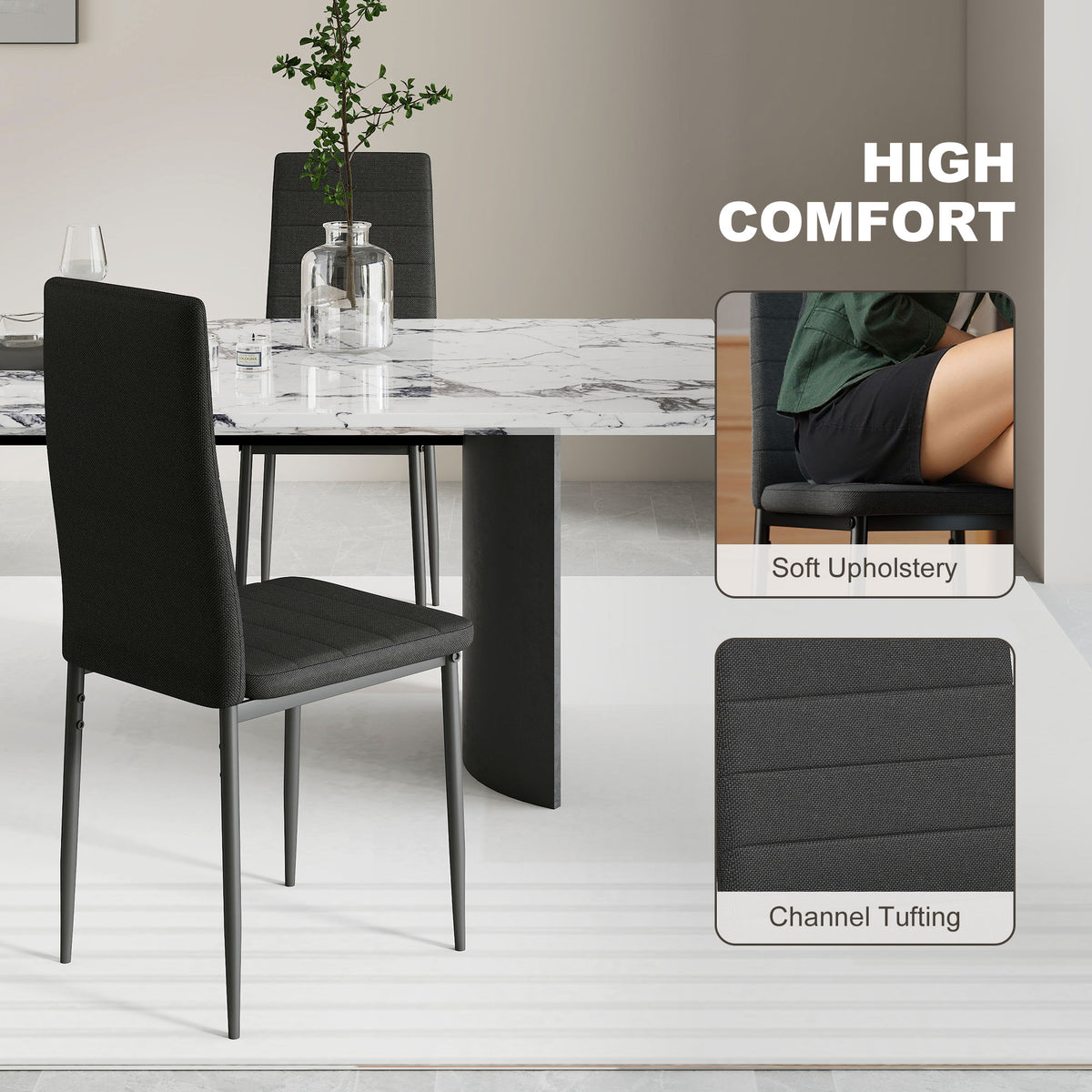 High Back Dining Chairs, Modern Upholstered Linen Fabric Accent Chairs with Metal Legs for Kitchen, Set of 6, Black