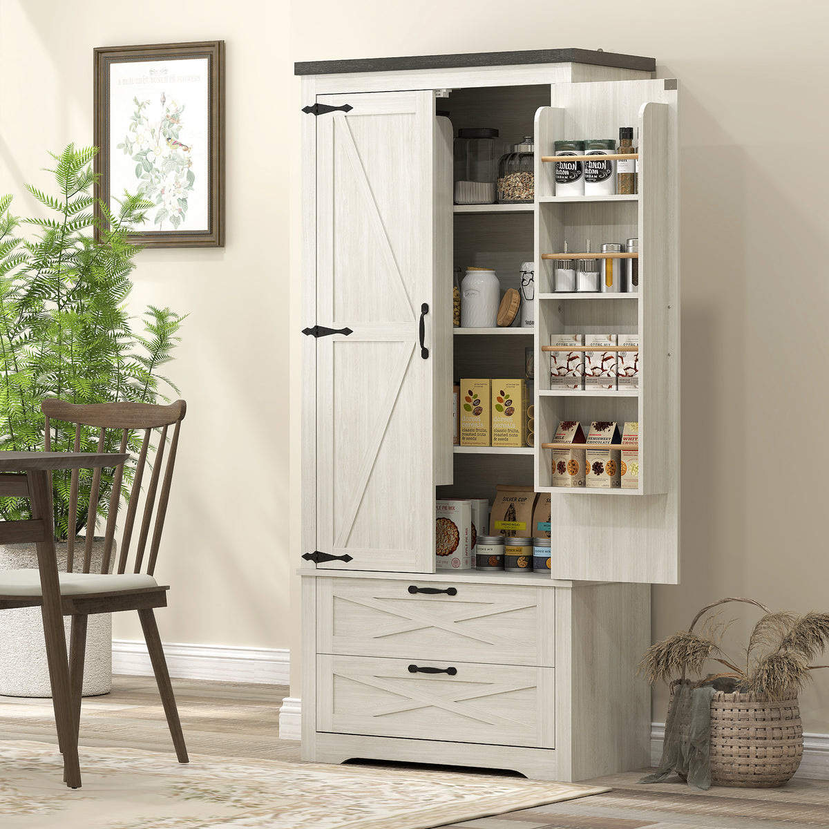 Farmhouse Kitchen Pantry Storage Cabinet, 64" Freestanding Kitchen Pantry Cabinet with Drawers – view 28