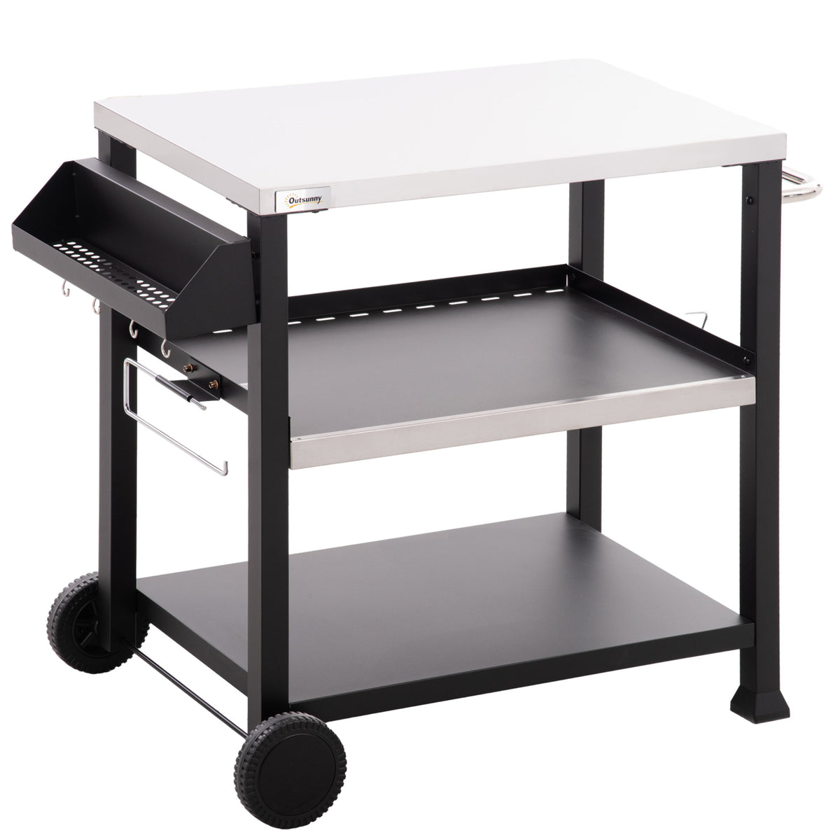 3-Shelf Outdoor Grill Cart Table with Side Handle, Stainless Steel Pizza Oven Stand on Wheels, Black