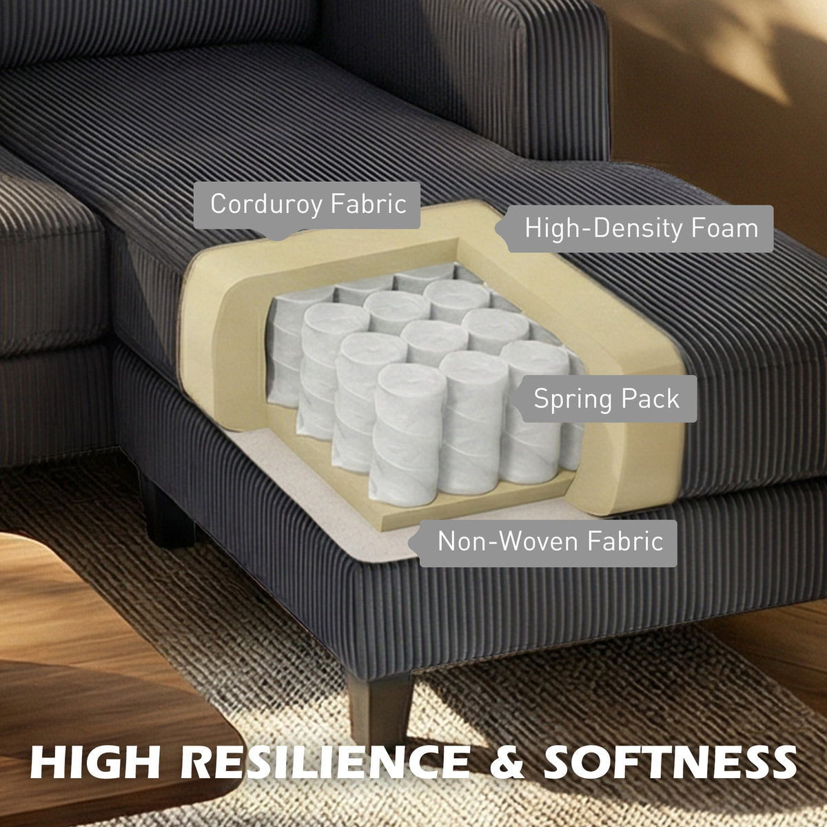 L Shaped Couch, L Shape Sofa with Chaise Lounge and Spring Cushion for Living Room, Bedroom, Beige – view 18