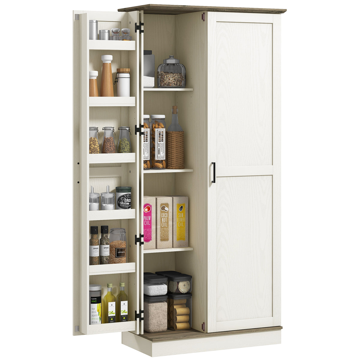 70" Tall Kitchen Pantry Cabinet with Door Shelves and Adjustable Shelves, Black Wood Grain