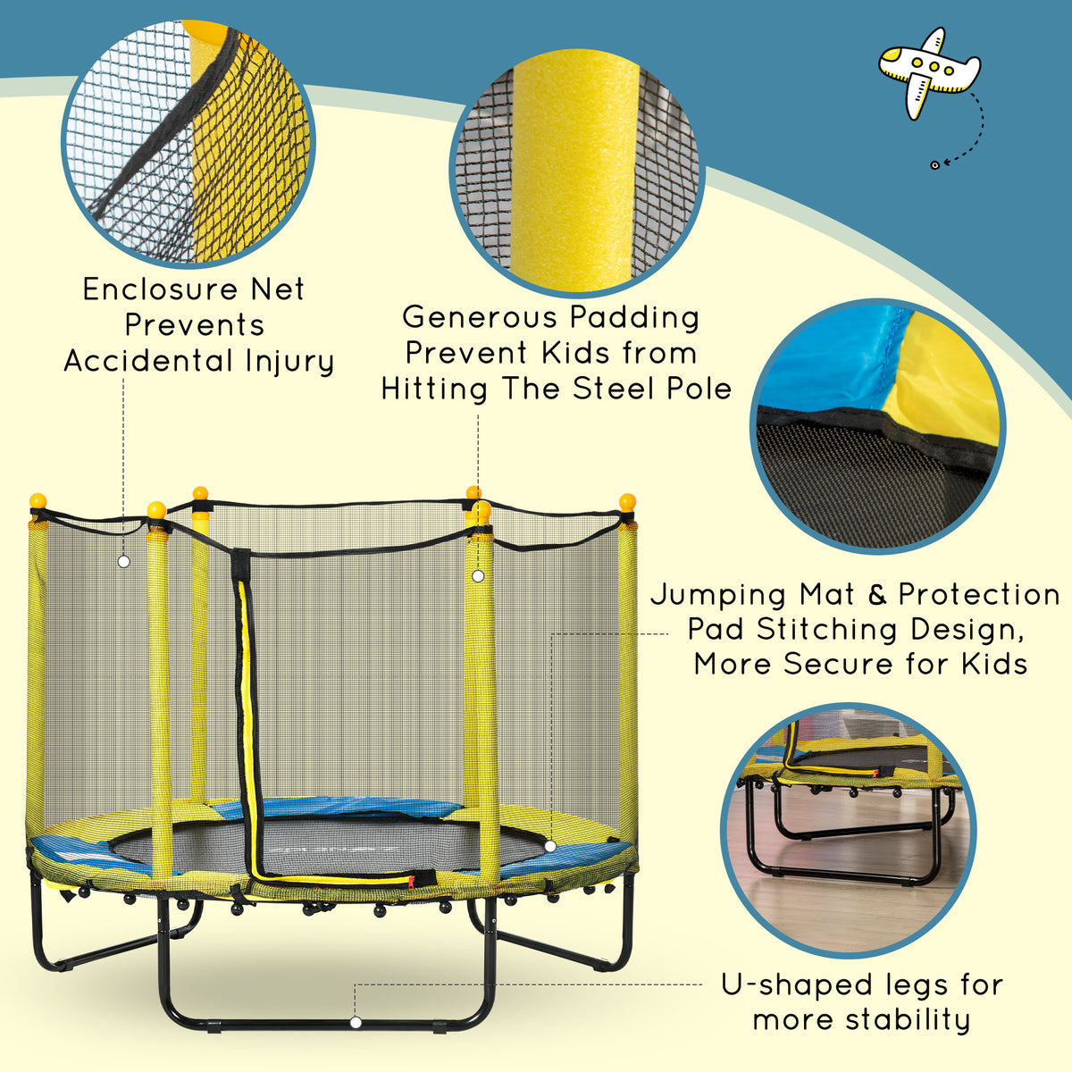 Qaba 4.6FT Trampoline for Kids with Enclosure Net for Ages 3-6, Indoor Outdoor Use