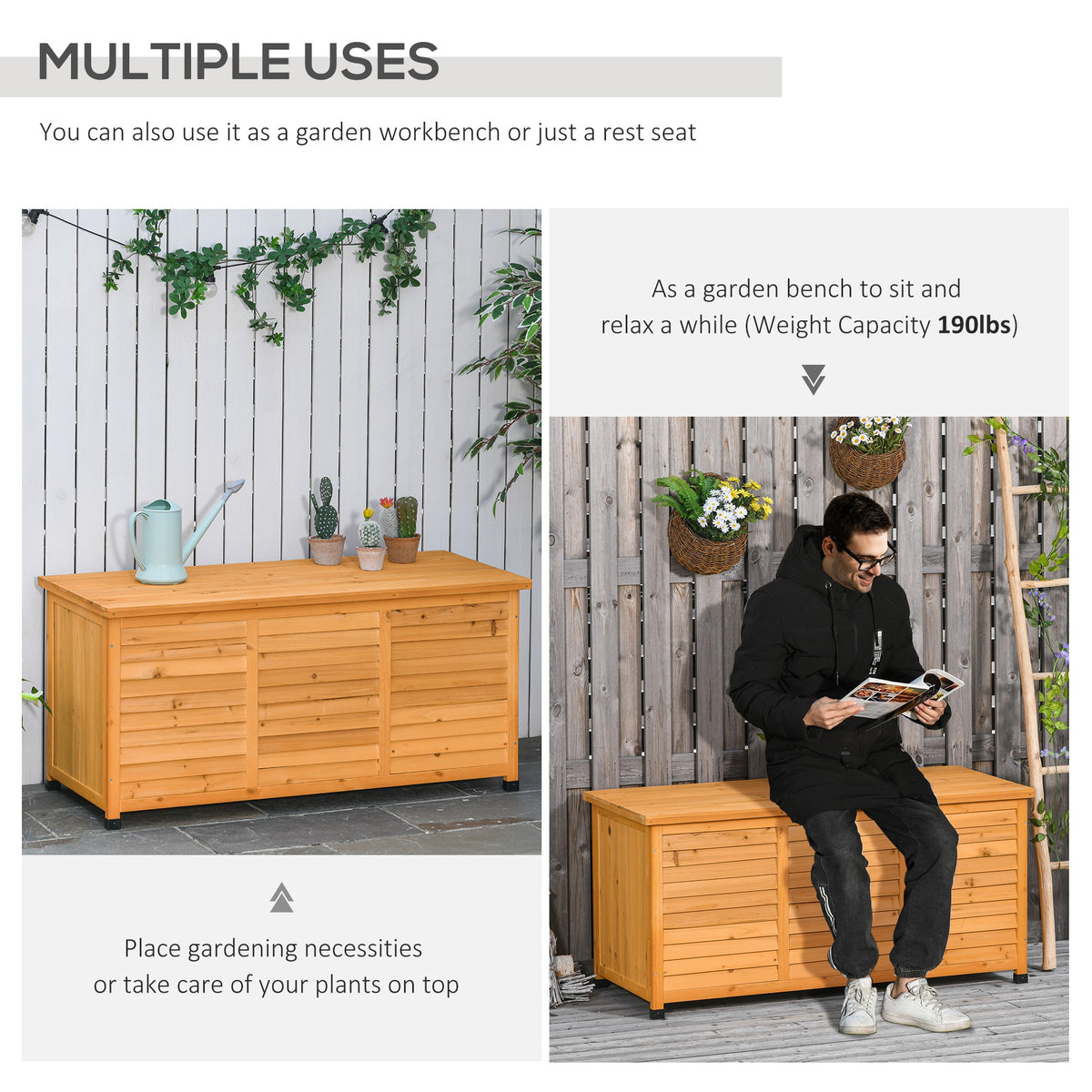 75 Gallon Wooden Storage Box patio Deck Box Bench, Garden Backyard Outdoor Storage Container with Aerating – view 19