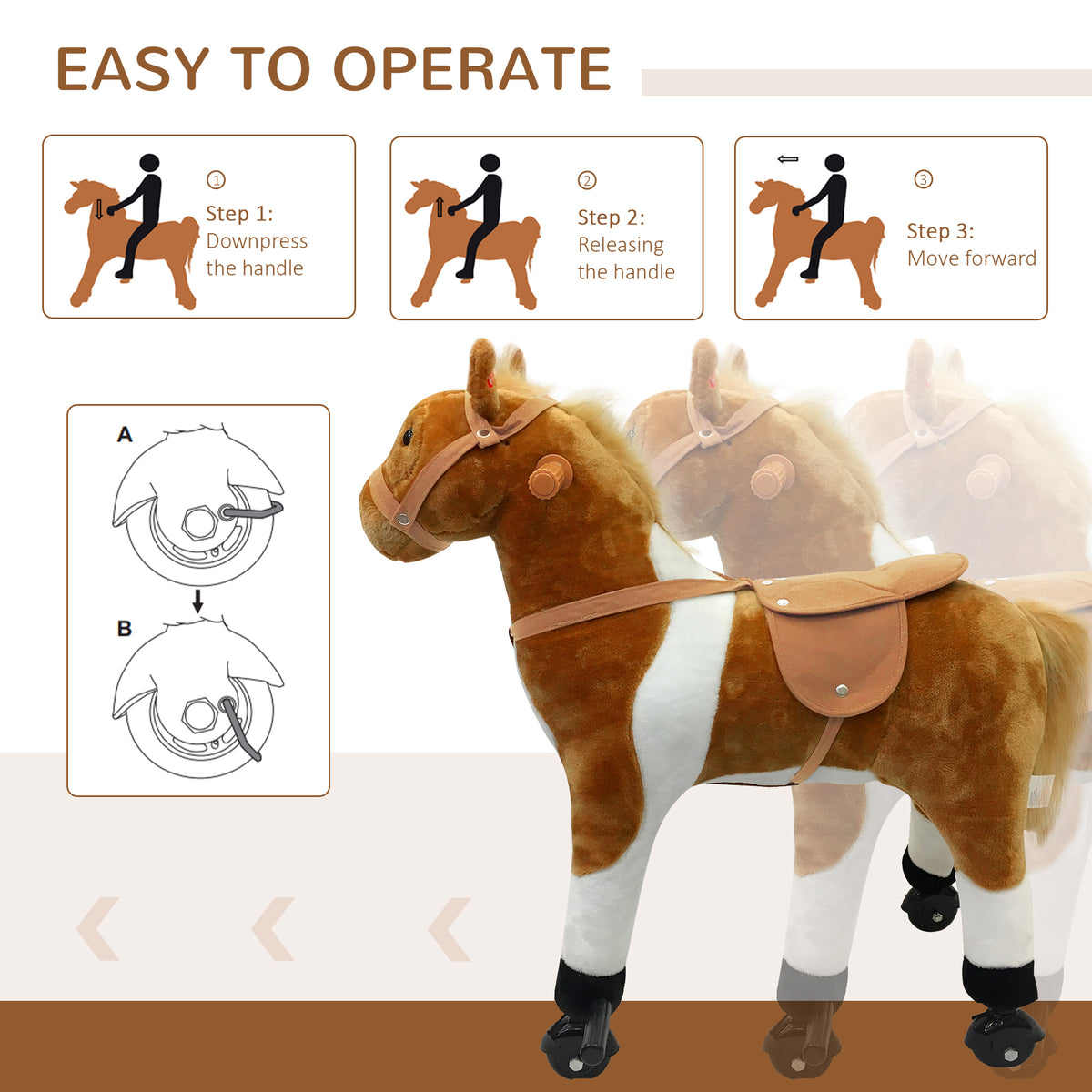 Qaba Kids Rocking Horse, Large Walking  Ride on Toy  for Toddlers 3 year old, Baby Plush Animal Rocker with Sound and Wheel, Brown