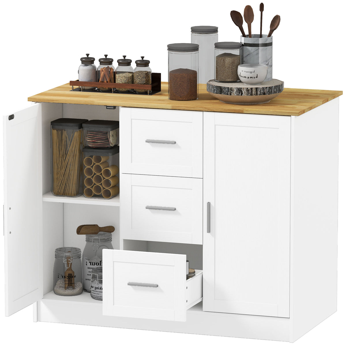 Kitchen Island with Storage Cabinets, 3 Drawers, 2 Adjustable Shelves and Sitting Space for Dining Room, White