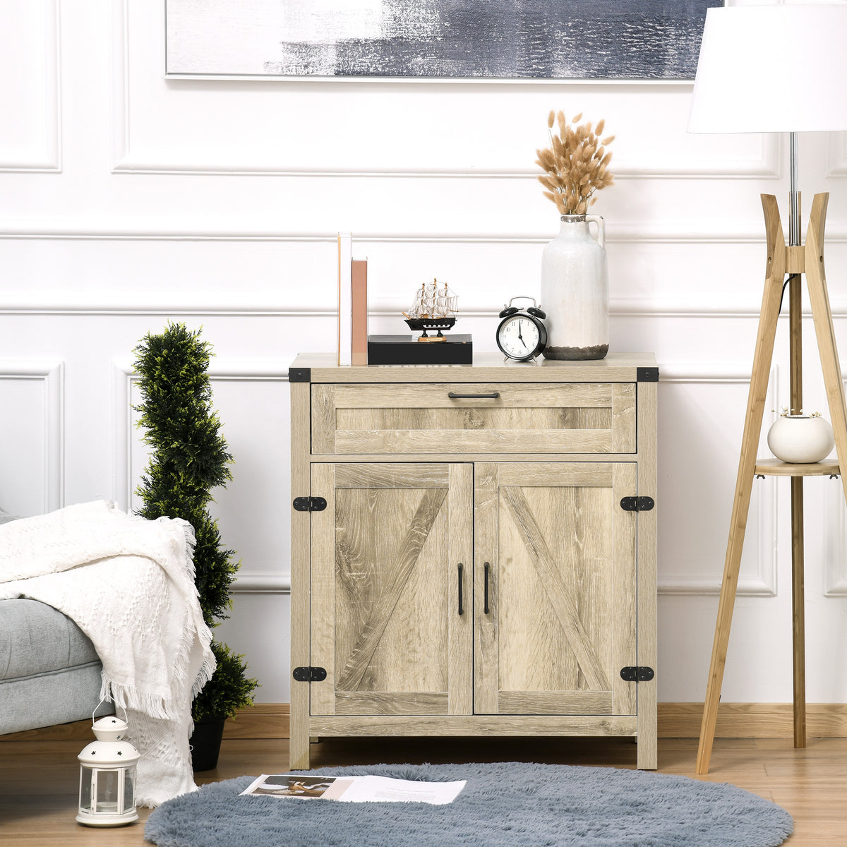 Farmhouse Kitchen Storage Cabinet, Sideboard Buffet Cabinet with 2 Rustic Barn Doors and Drawer, Oak