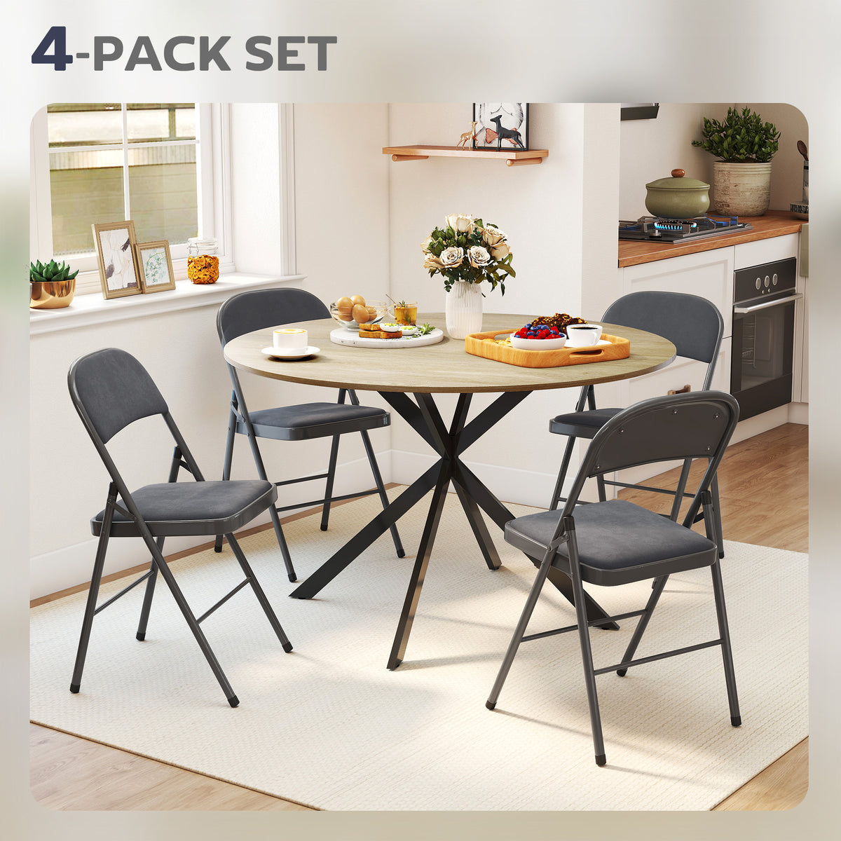 4 Pack Folding Chairs with Padded Seats, Velvet Portable Party Chairs with Steel Frame, Beige – view 10