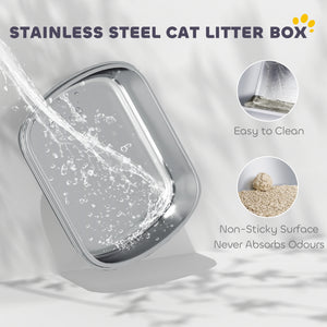Stainless Steel Cat Litter Box, Cat Litter Box with High Side and Scoop, Anti-Leakage, Easy to Clean, Navy Blue