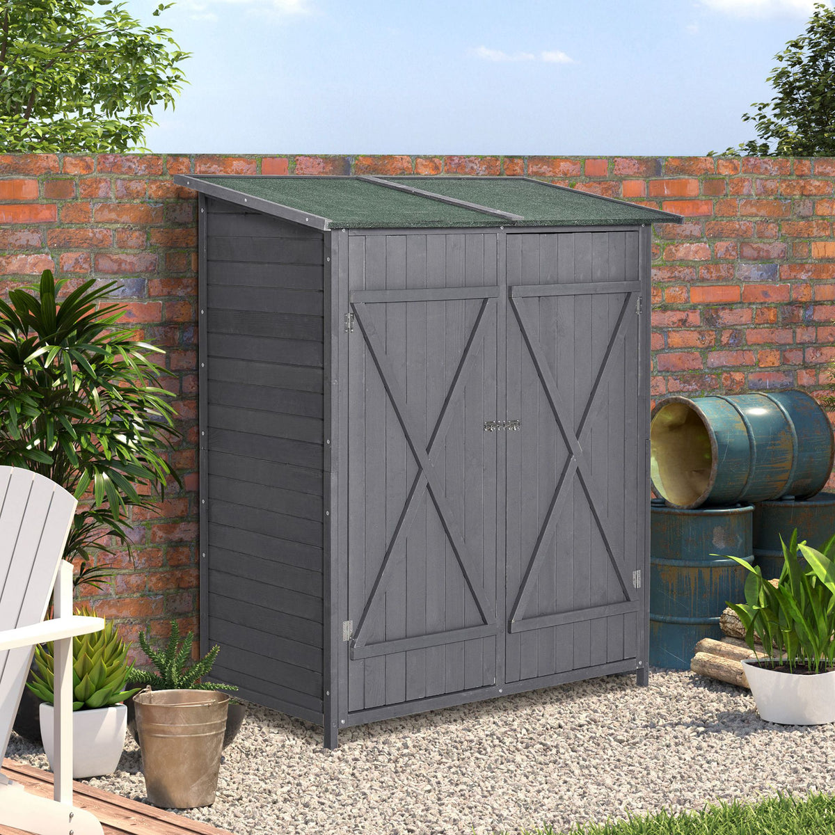 Garden Storage Shed Asphalt Roof Wooden Timber Double Door Utility Storage House with Shelf, Green and Grey