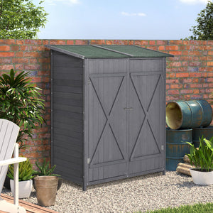 Garden Storage Shed Asphalt Roof Wooden Timber Double Door Utility Storage House with Shelf, Green and Grey