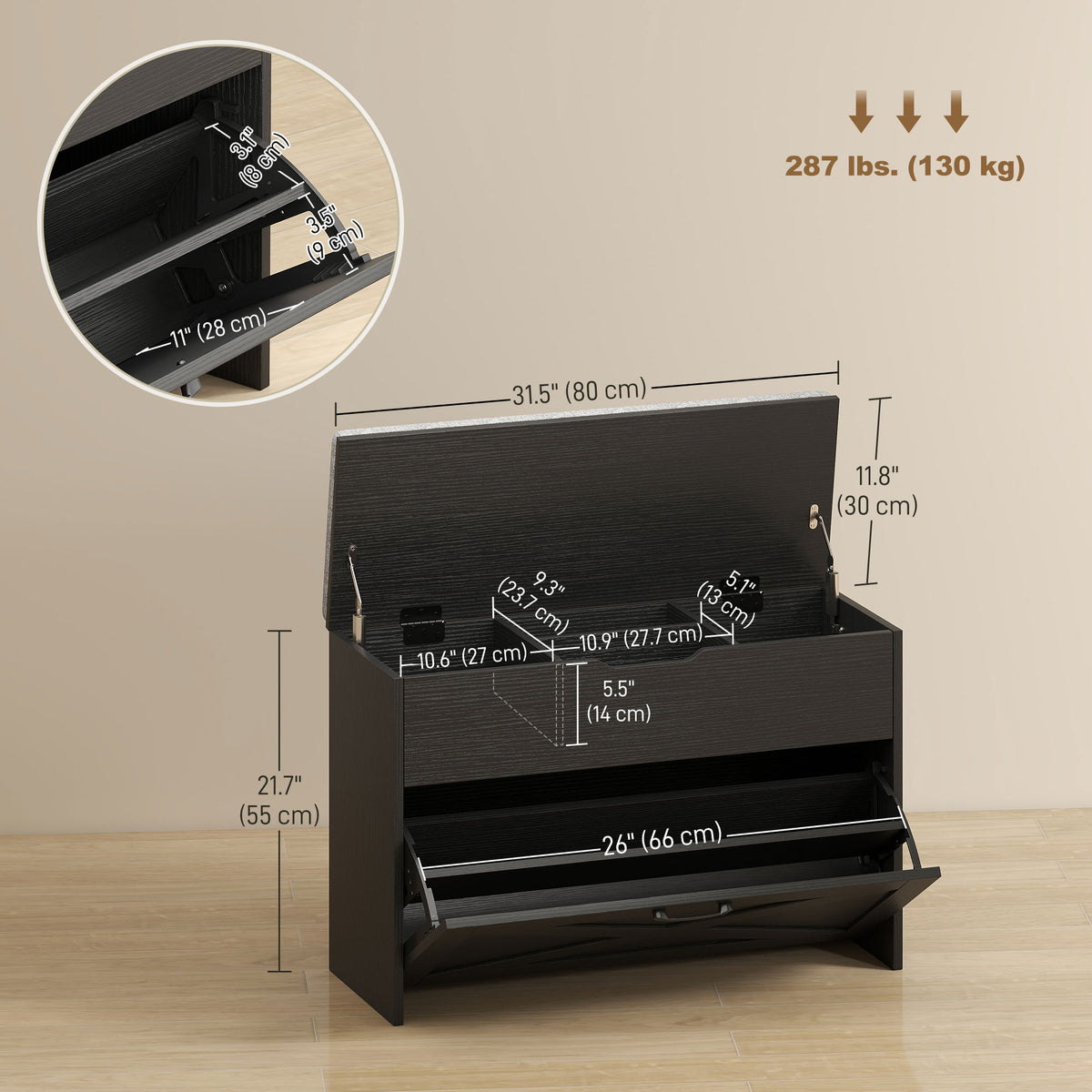 Shoe Storage Bench with Flip Drawer and Lift Top Storage, Entryway Bench with Seat Cushion for Hallway – view 2