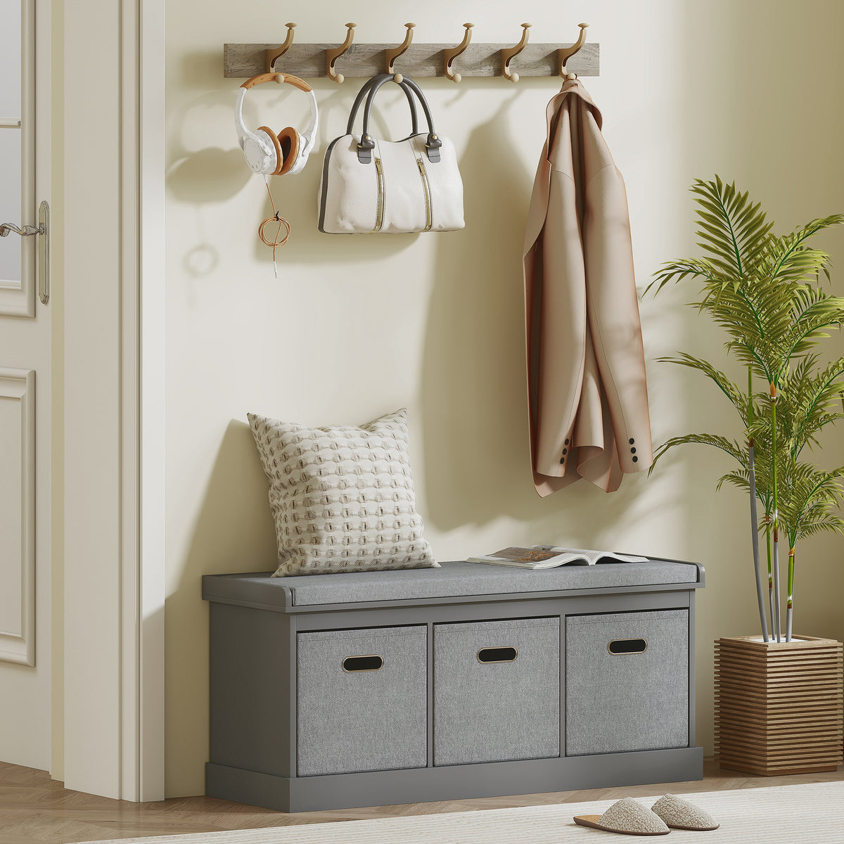 Shoe Storage Bench with Seat, Entryway Bench Seat with Cushion, 3 Fabric Drawers for Hallway, Dark Grey – view 7