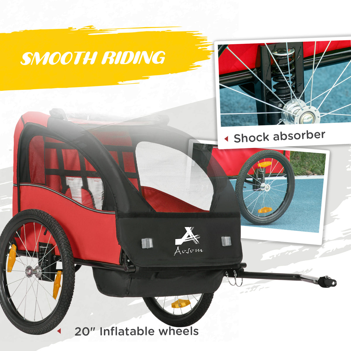 Aosom 2 Seat Bike Trailer for Kids, Baby Stroller with Storage Bag, 5 Point Harness, Bicycle Trailer with 20" Wheels