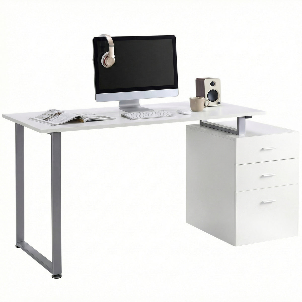 47" Computer Desk Writing Table Workstation with Multi-Use Reversible File Drawers Metal Frame Home Office