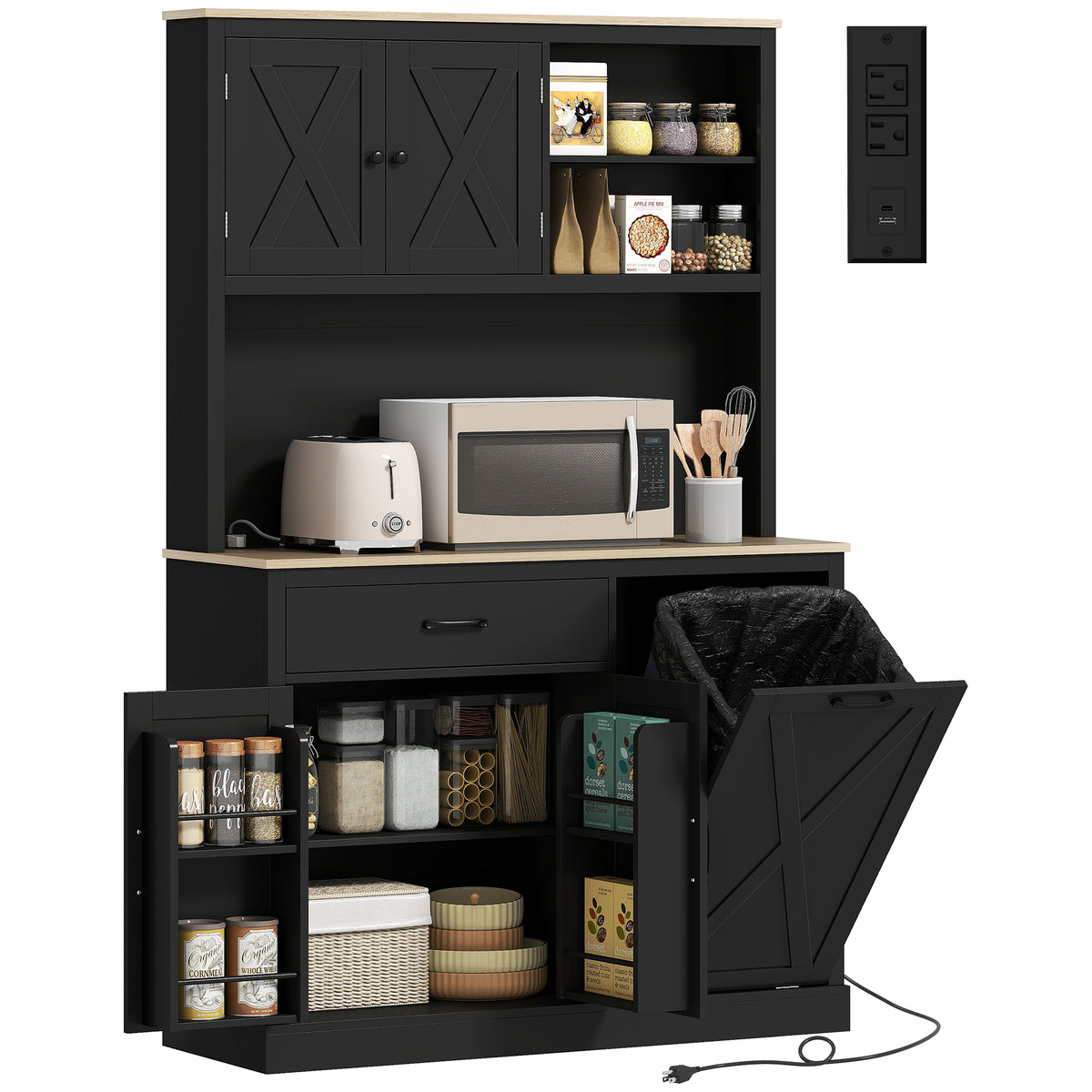 69" Pantry Cabinet with Charging Station, Kitchen Cabinet with Microwave Stand, Tilt-Out Trash Can Cabinet
