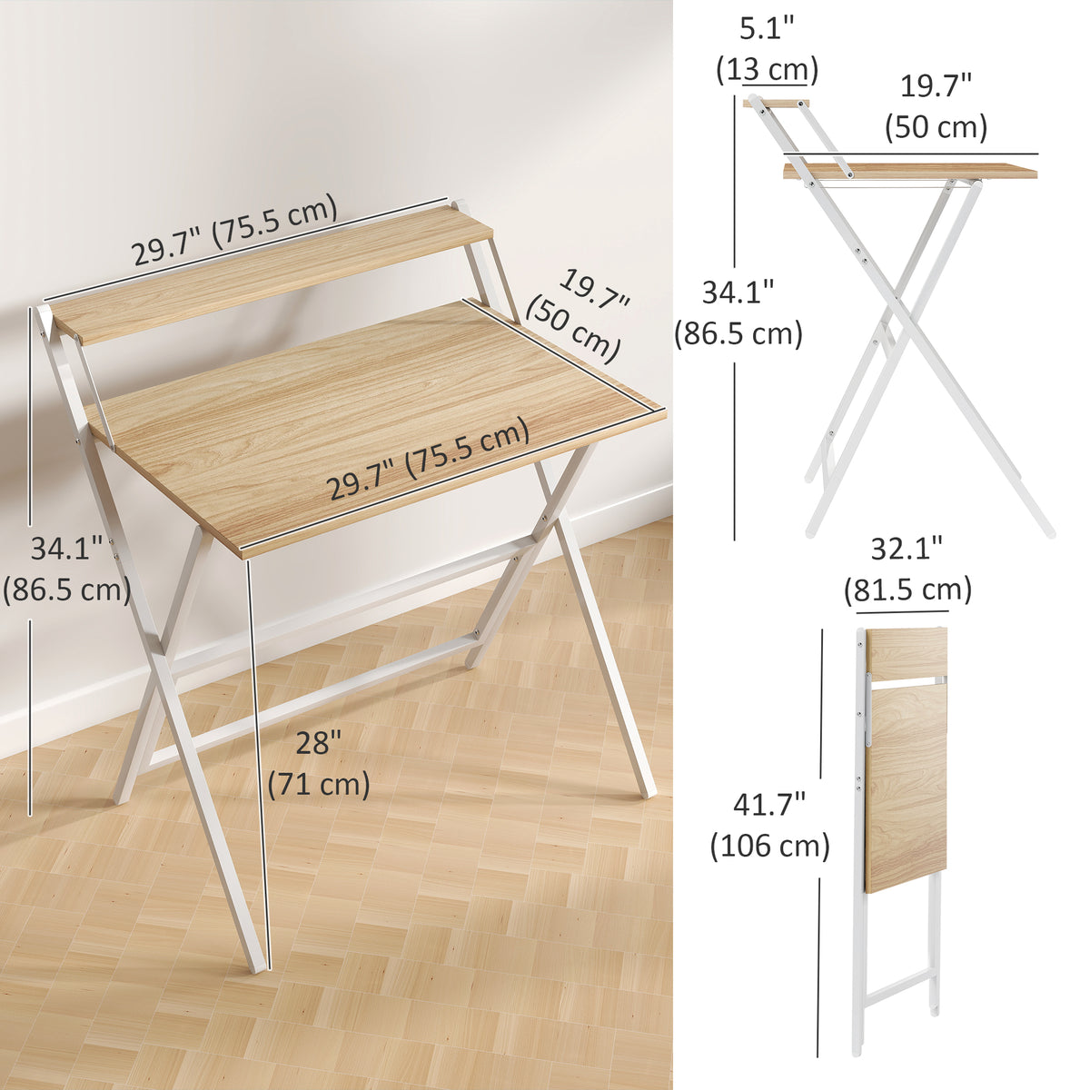 Folding Computer Desk, 32" Foldable Desk with Monitor Shelf for Small Space, Home Office, Easy Assembly, Natural Wood