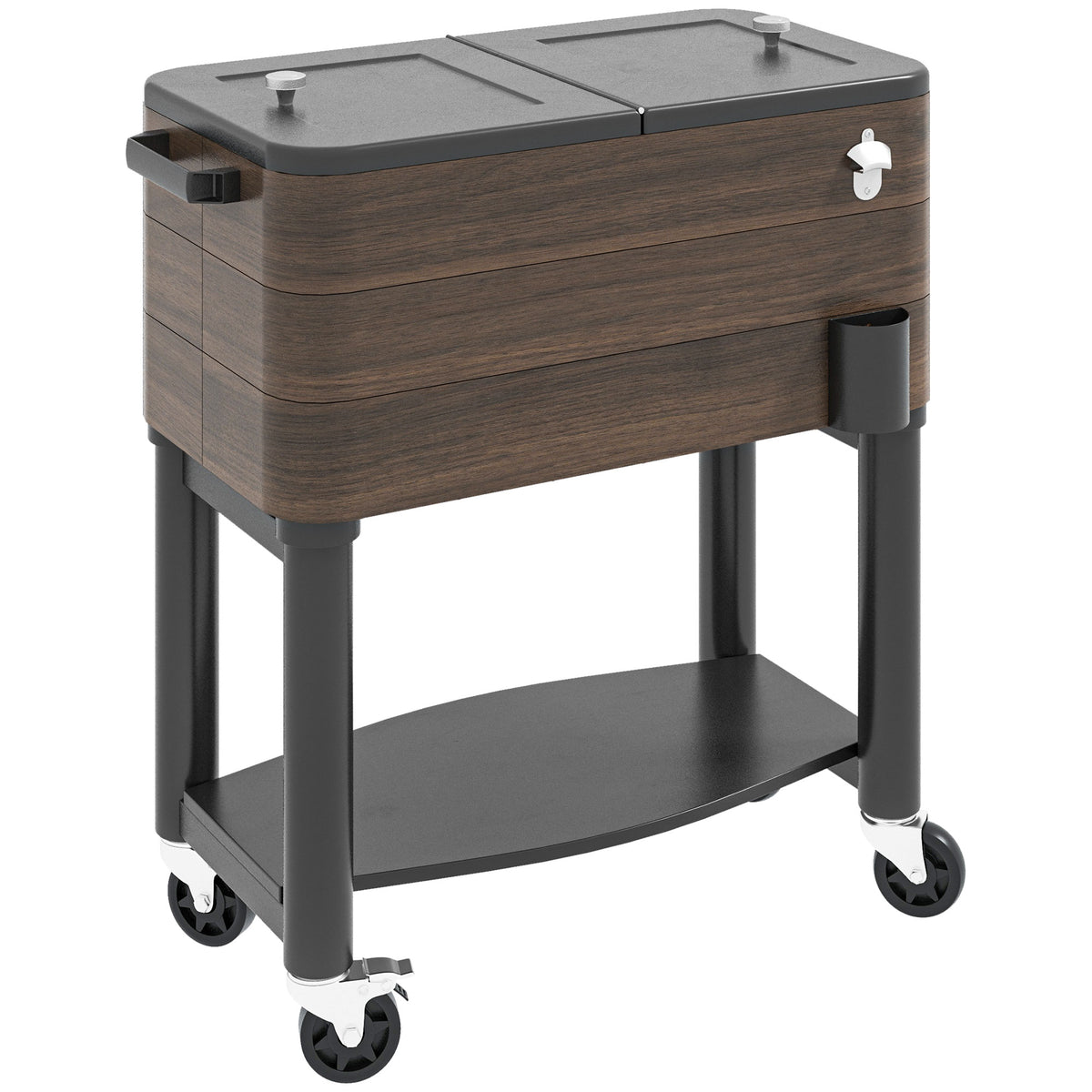 Patio Cooler, 60qt Portable Outdoor Cooler with Locking Wheels, Storage Shelf, Bottle Opener for Patio Backyard, Brown
