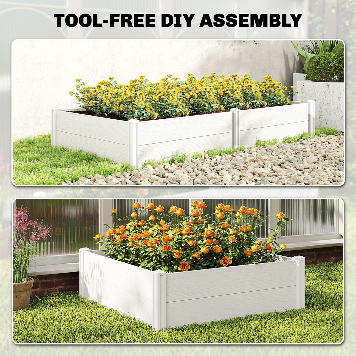 Vinyl Raised Garden Bed Kit, 6.5 x 2 x 1ft Elevated Garden Box with Divider and Open Bottom, Grey Wood Effect