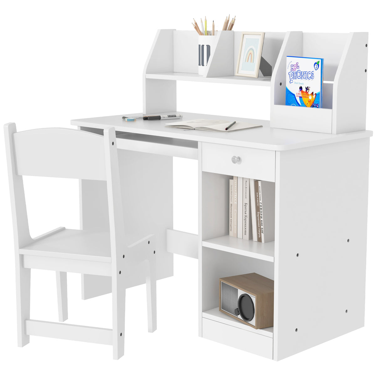 Qaba Kids Desk and Chair Set for 5-8 Year Old with Storage, Study Table and Chair for Children