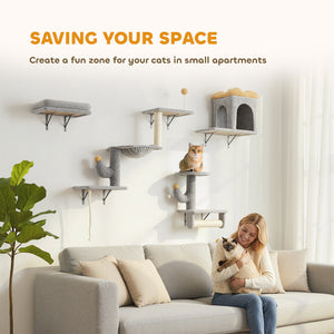 Cat Wall Shelves, 4 Pcs Cat Wall Furniture Set with Scratching Posts, Condo, Hammock, Perchs, Light Grey