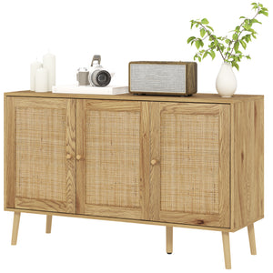 Bohemian Sideboard with Rattan Doors & Adjustable Shelf, Natural Wood Finish