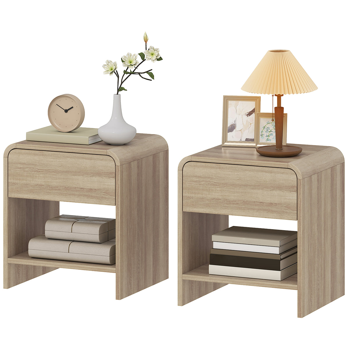 Nightstand Set of 2, Modern Bedside Table with Rounded Corners, Nightstand with Drawer and Open Shelf