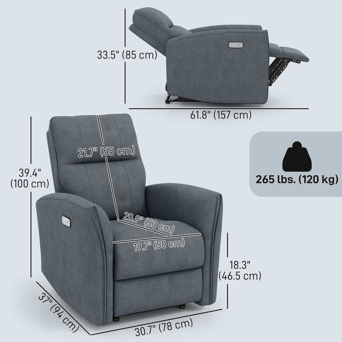 Power Recliner Chair, Dyed Fabric (Like Leathaire) Upholstered Recliner Chair with USB Ports, Footrest – view 9
