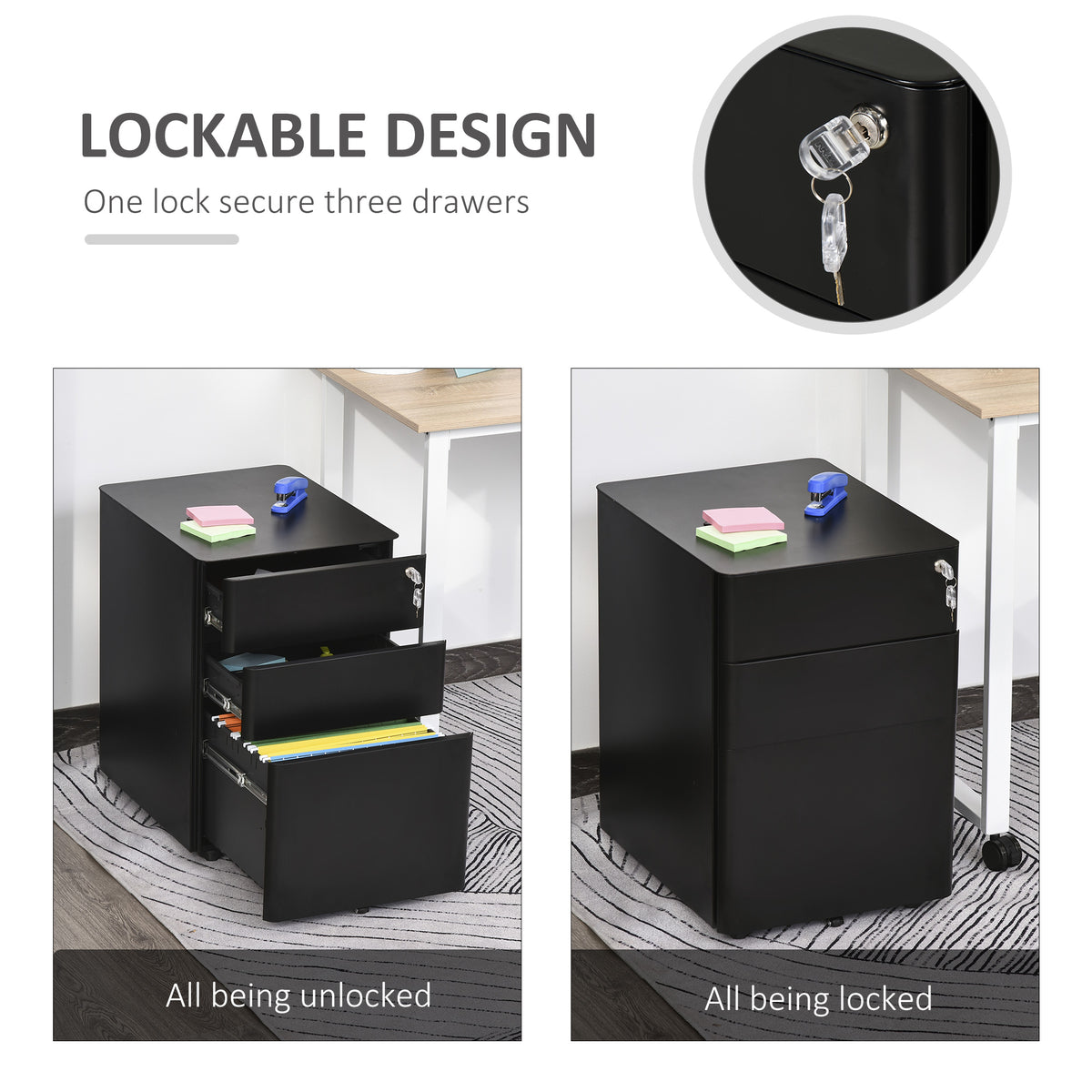 Metal Filing Cabinet 3 Drawer, Mobile Office Cabinet with Wheels for Legal, Letter, A4 File, Black