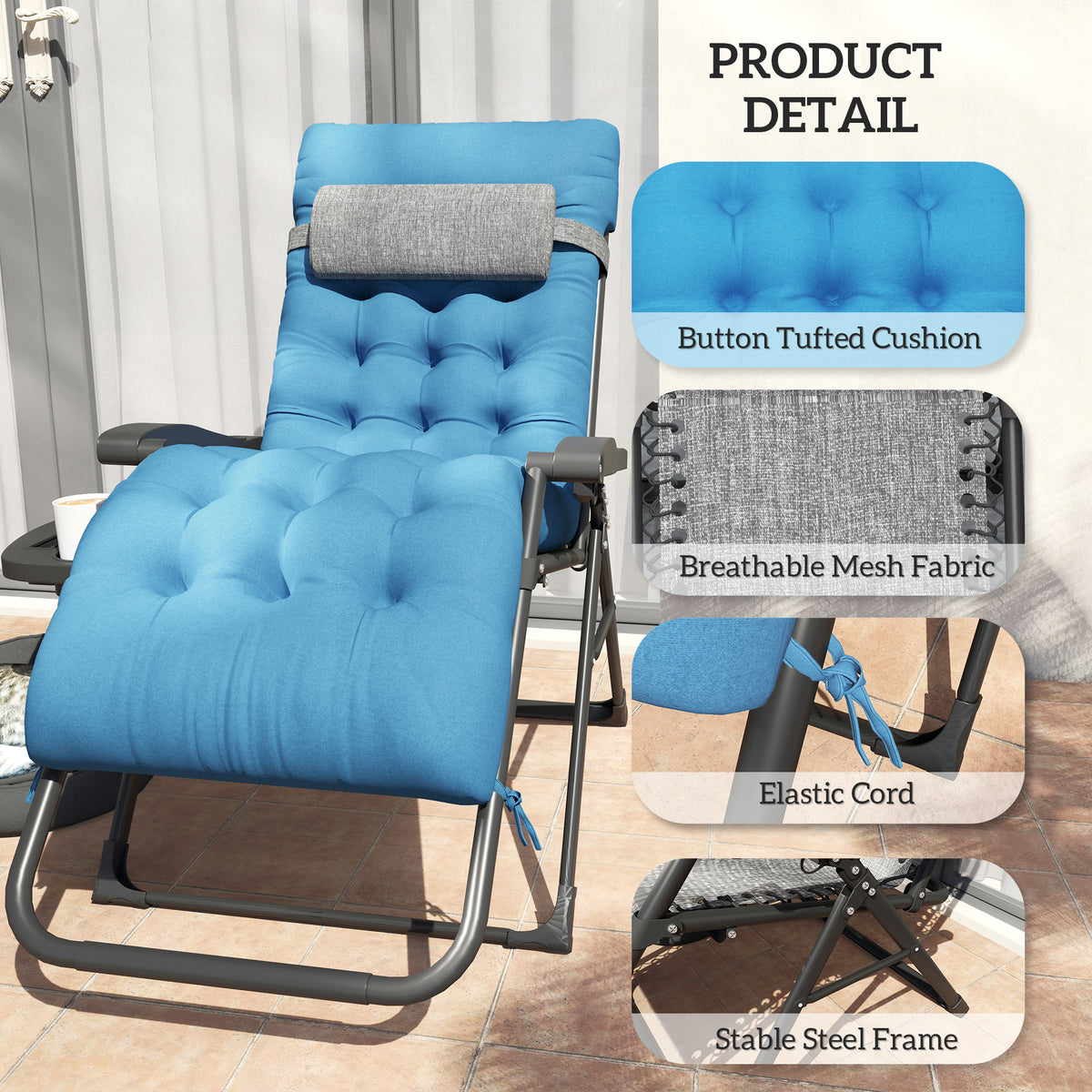 Padded Folding Recliner Chair, Patio Lounger with Cupholder, Adjustable Backrest, Removable Cushion, Black – view 34