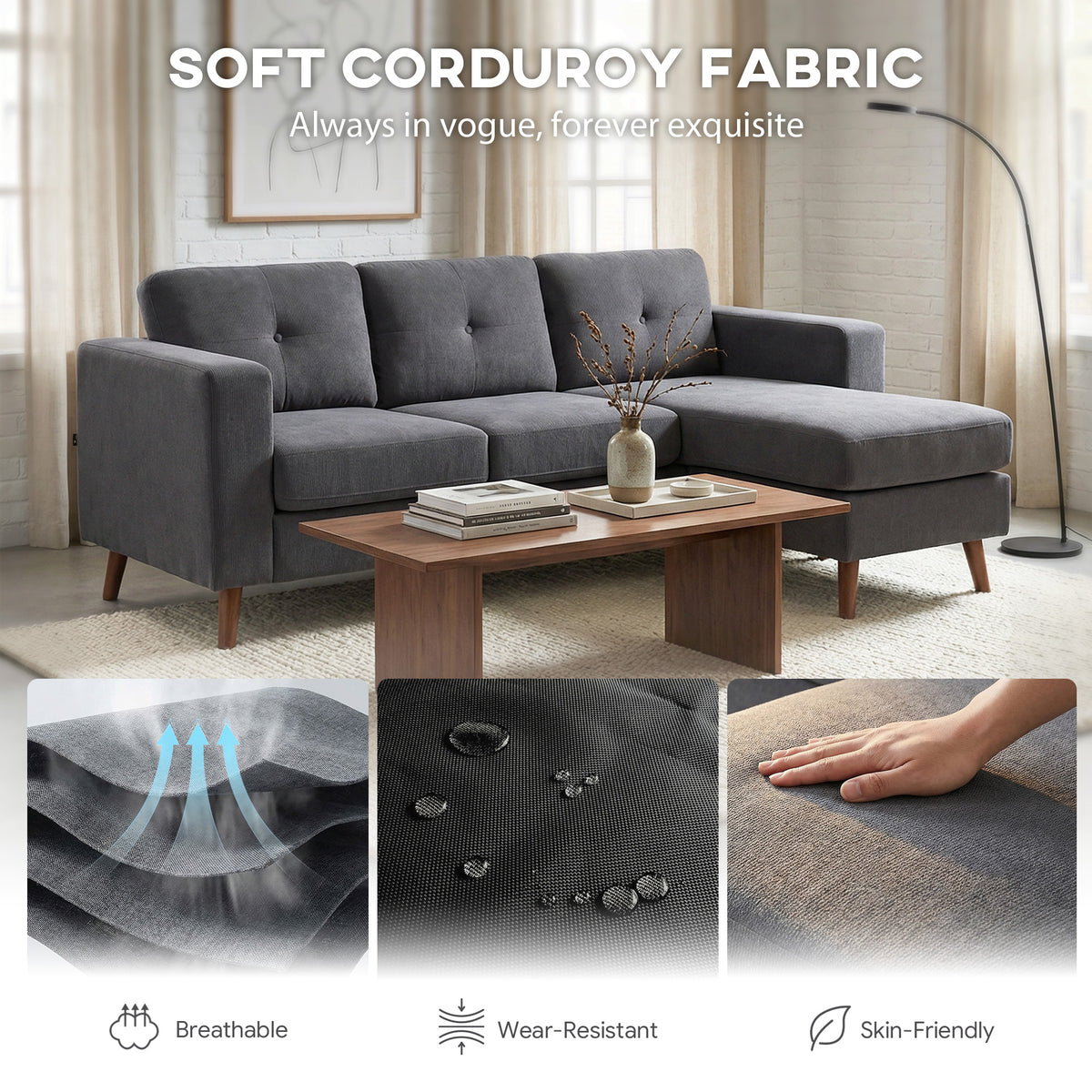 Sectional Sofa with Changeable Chaise Lounge, 3 Seat L-Shaped Small Space Sofa – view 4