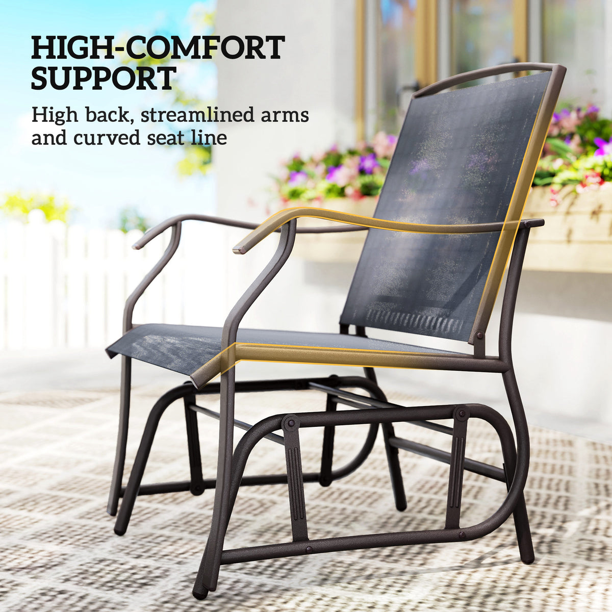 3 Piece Patio Glider Set Outdoor Gliders with Breathable Mesh Seat, Glass Top Table for Garden, Yard, Grey – view 6
