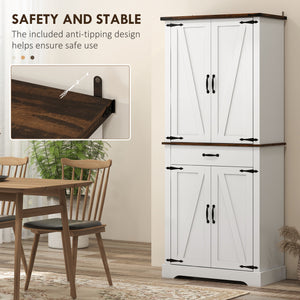 71" Tall Kitchen Cabinet, Farmhouse Pantry Cabinet with Barn Doors, Drawer and Adjustable Shelves, White