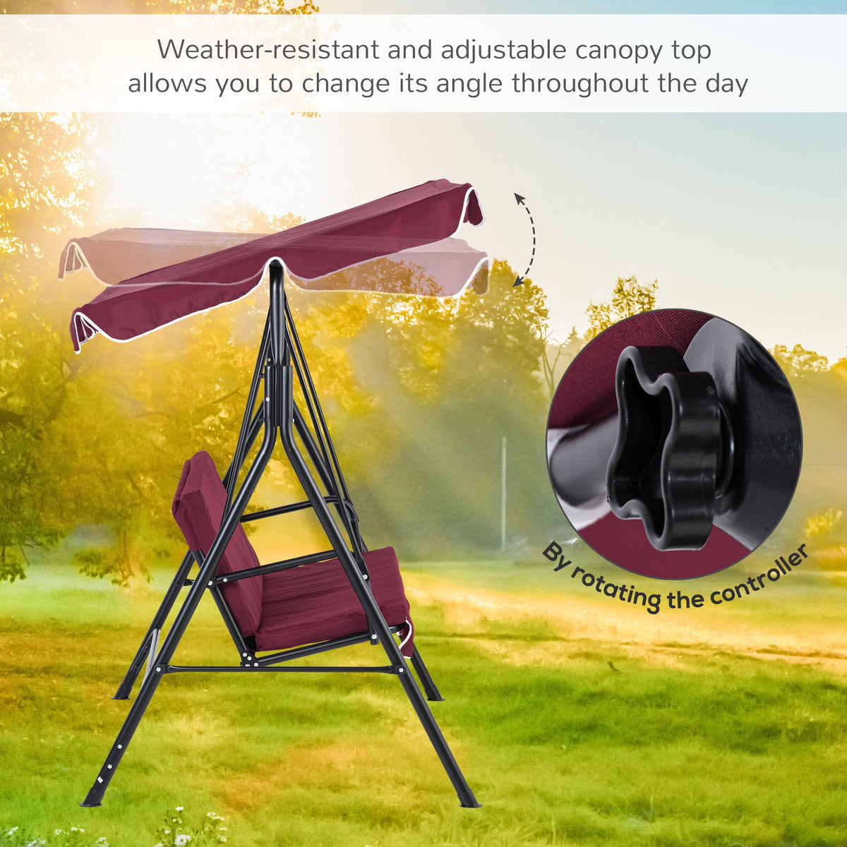 3-Seater Outdoor Porch Swing with Adjustable Canopy, Patio Swing Chair for Garden, Poolside, Backyard, Green and White