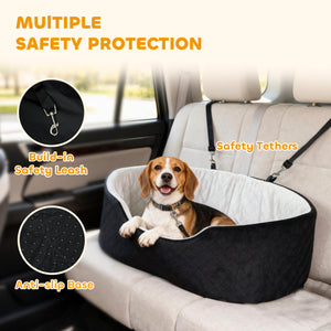 Dog Car Seat for Small Medium Pets, Detachable Washable Pet Bed with Cushion and Safety Belt for Dog Under 33lbs, Black