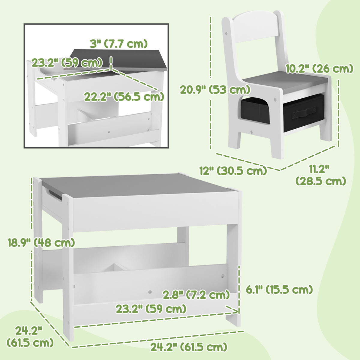 Qaba 3 Piece Kids Table and Chair Set with Reversible Tabletop, Blackboard, Storage, Bookshelf, for Playroom, Nursery