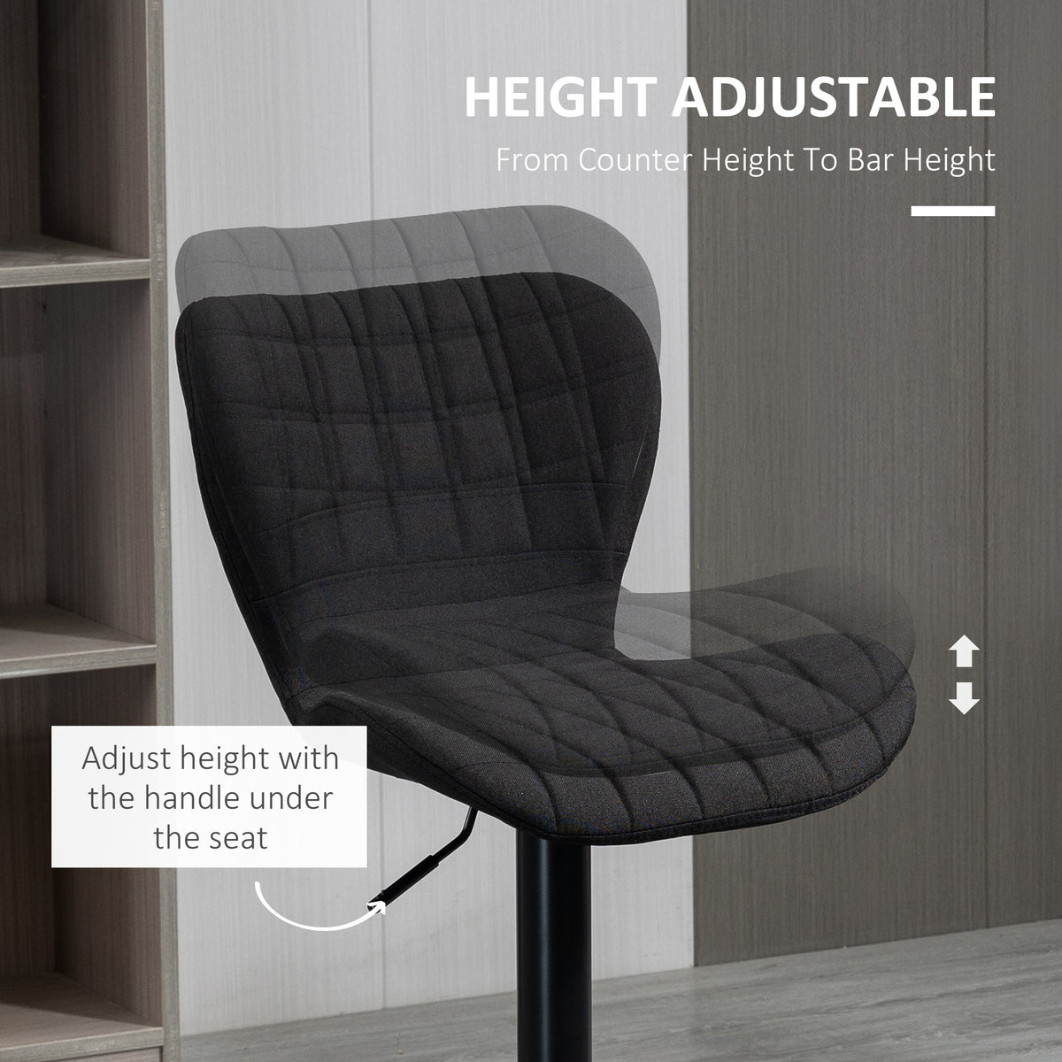 Bar Stools Set of 2, Adjustable Height Swivel Bar Chairs, Linen-feel Fabric Upholstered Kitchen Counter Stools with Wide Seat, Back and Footrest, Black