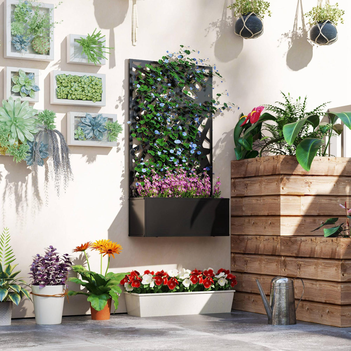 Raised Garden Bed with Trellis, Freestanding/Wall Mounted Metal Garden Box with Privacy Panel, Irregular Line Cut-Outs