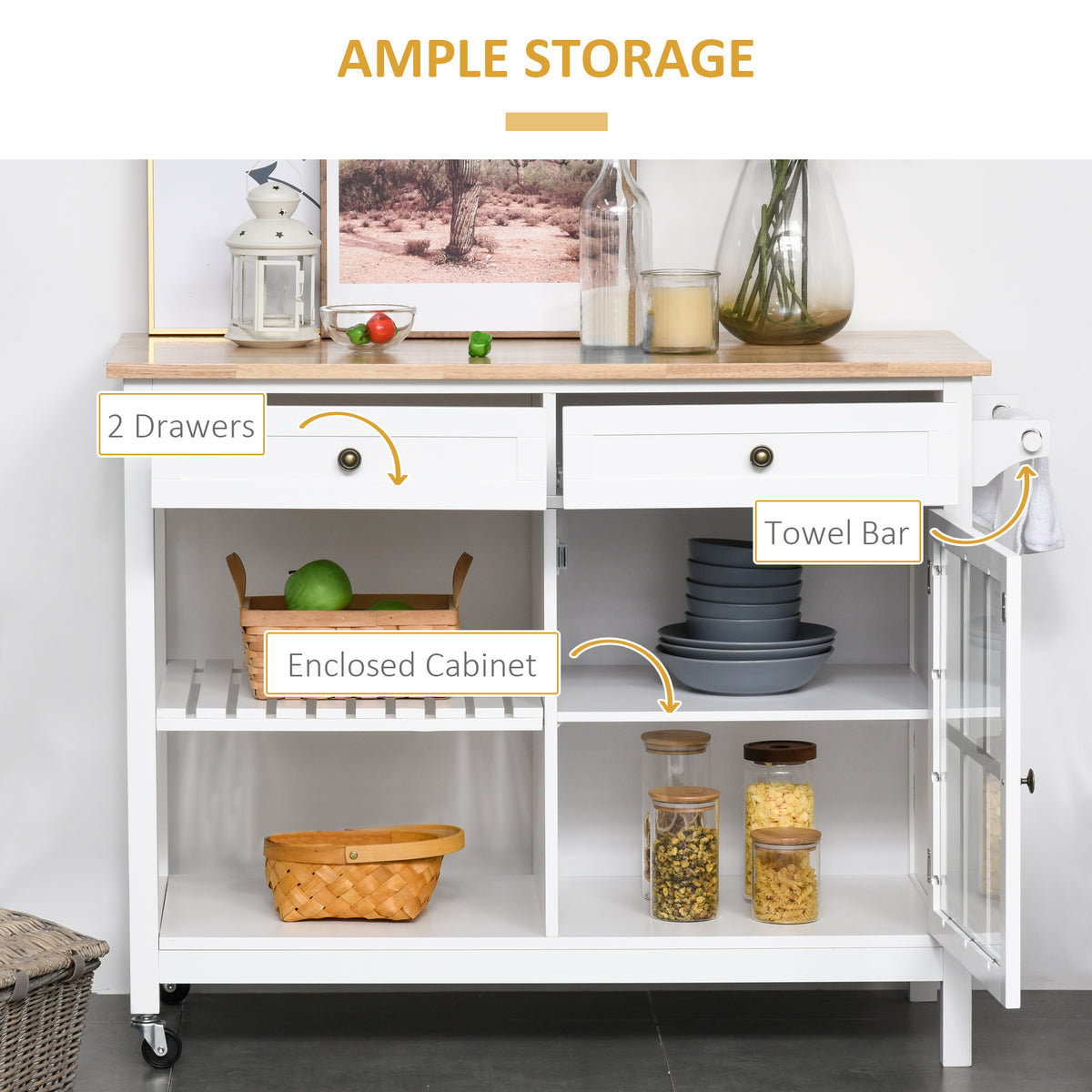 Kitchen Cart on Wheels, Utility Storage Island with Rubber Wood Top, Towel Rack, Cabinets, Drawers, White