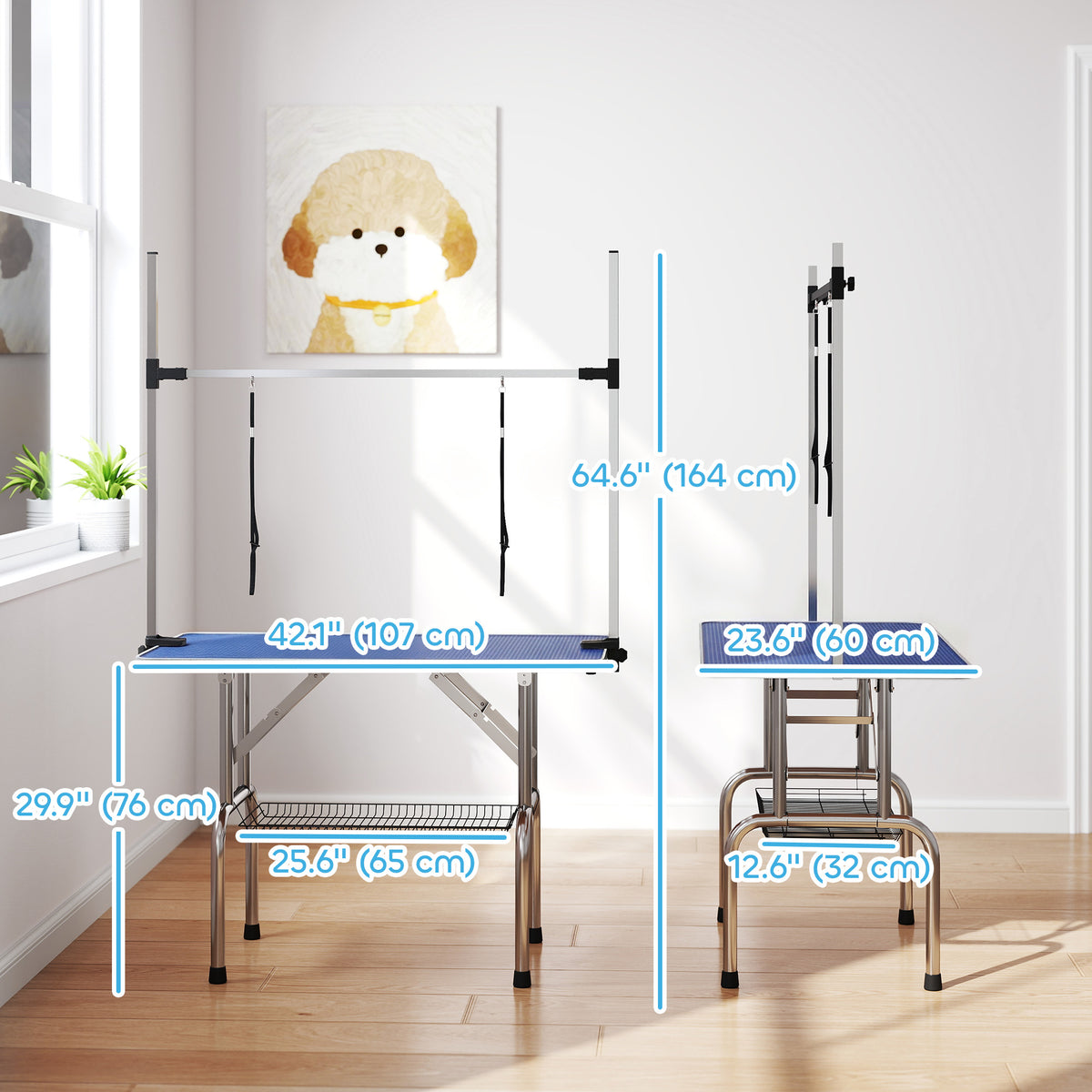 Adjustable Dog Grooming Table with 2 Safety Slings, Storage Basket, Black – view 9