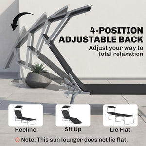 Outdoor Lounge Chair, Adjustable Folding Chaise Lounge, Tanning Chair with Sun Shade for Beach, Camping, Hiking, Backyard, Black