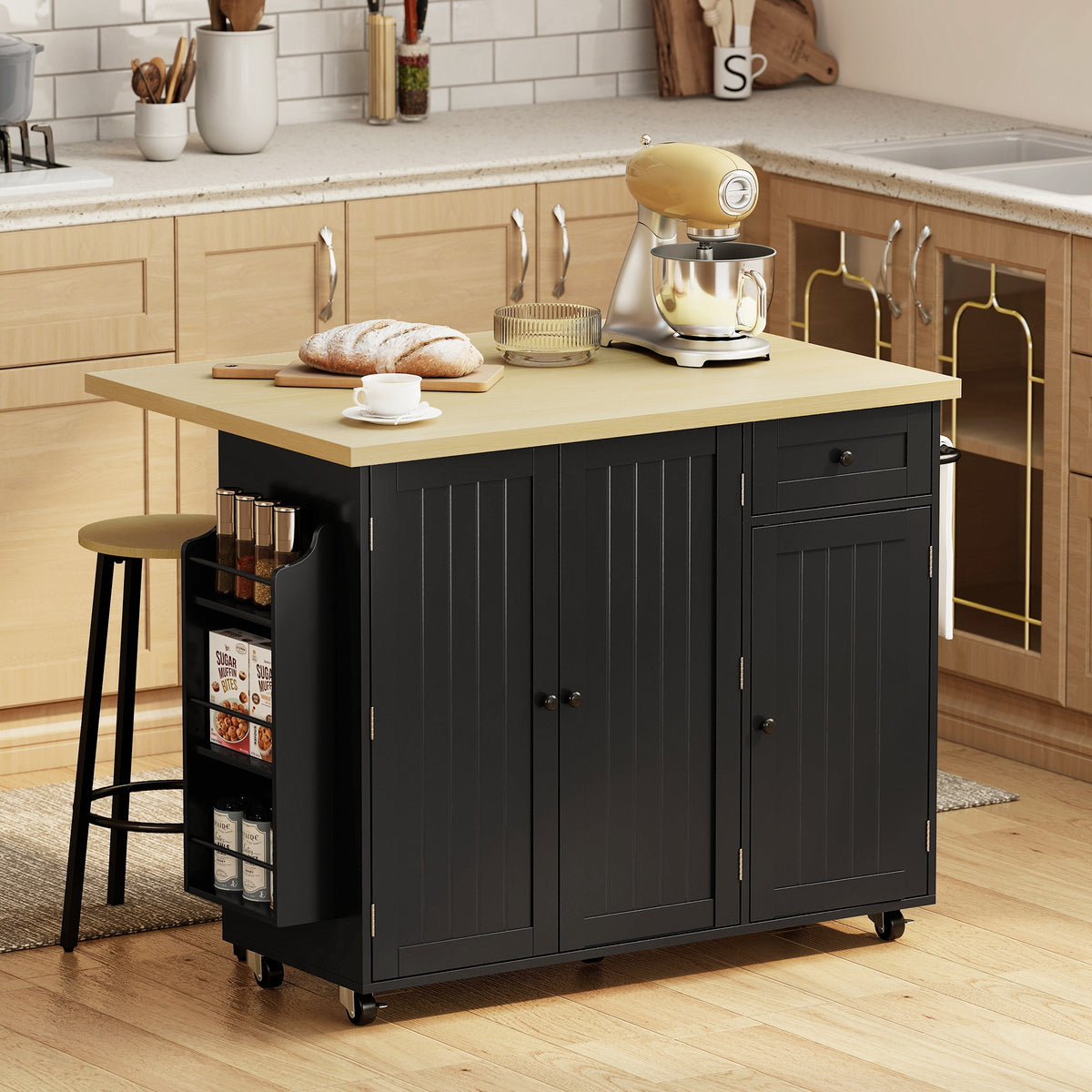 Kitchen Island Cart, Rolling Kitchen Island Table with Drop Leaf, Drawer, Spice and Towel Rack, Black – view 7