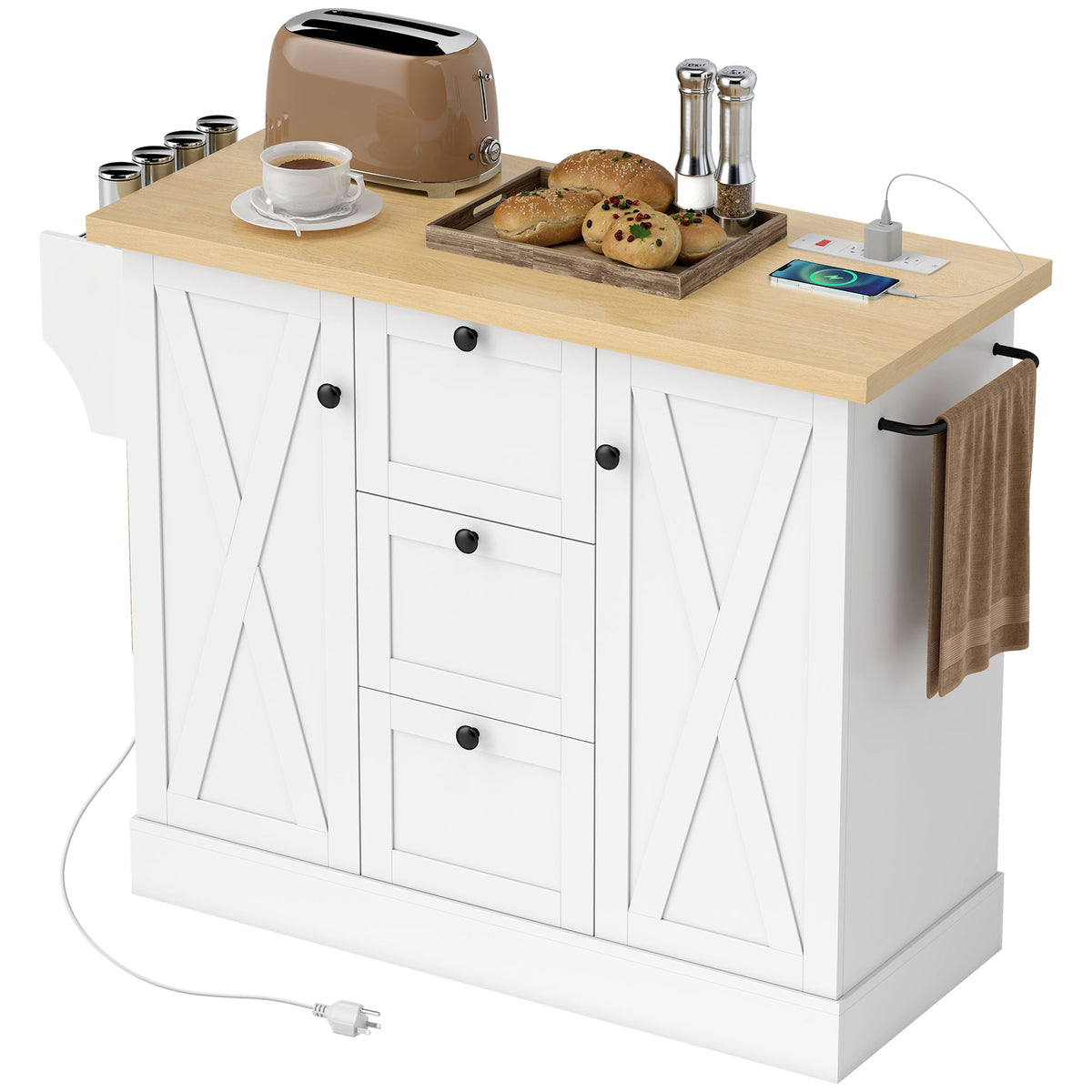 Farmhouse Kitchen Island Cart with Power Outlet and Soft-Close Doors, 49" Kitchen Island with 3 Drawers – view 8