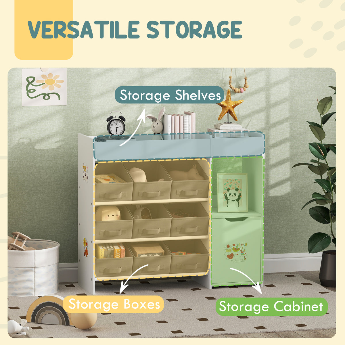Qaba Toy Storage Organizer with 9 Non-Woven Fabric Boxes, Storage Cabinet & Shelves, for Kids Room, Nursery, Playroom White